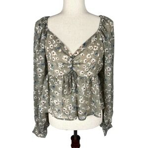 SAINTS & HEARTS FLORAL PRINT PUFF‎ SLEEVES PEASANT BLOUSE GRAY MULTI MEDIUM NWT